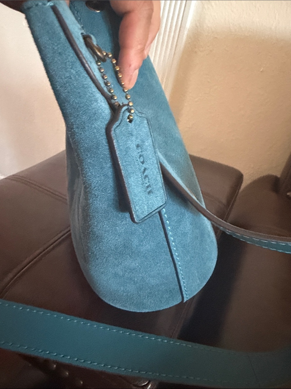 COACH Teal Suede Bucket Bag with Wide Adjustable Strap - Picture 10 of 11